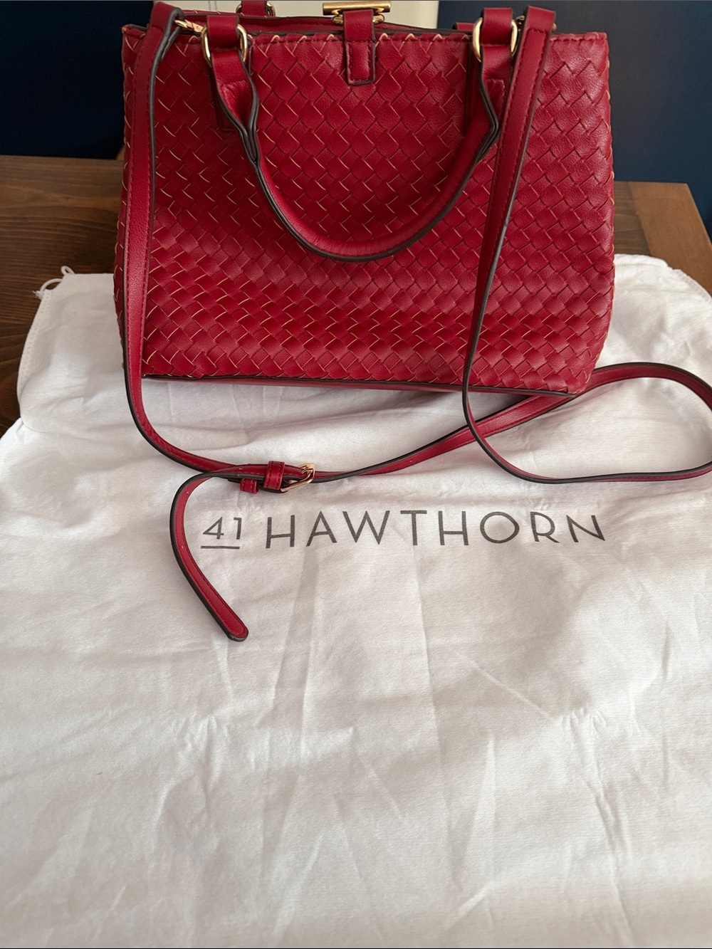 41 Hawthorn Red Woven Leather Satchel with Crossbody Strap